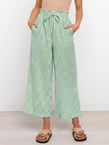 ANRABESS Womens Striped Gingham Palazzo Capri Pants Pajama Wide Leg Lounge Trousers Plaid Cute Crop PJ Bottoms with Pockets Green White Plaid Small - Thumbnail 2