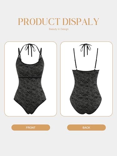 ZAFUL One Piece Swimsuit Women Tummy Control Bathing Suit Sexy Slimming High Cut Adjustable Strap Halter Swim Suit Retro Floral Print Tie Back Sporty Swimwear Modest Push Up Swimsuits Black,XS - Thumbnail 6
