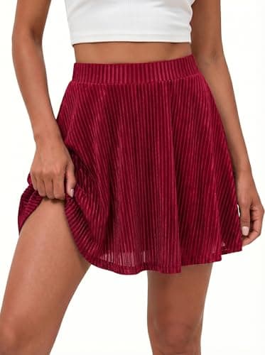 GAMISS Women's Velvet Summer Short Skirt, Cute Pleated Skirts with Shorts Skort Mini Cocktail Flowy Flared Skirt Red XXL - Image 1