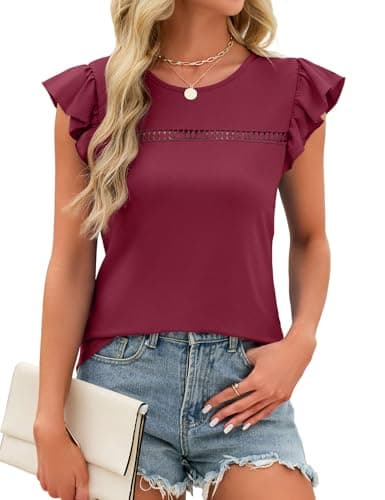 JUSTFASHIONNOW Womens Ruffle Short Sleeve Tops Cute Red Summer Shirts Dressy Casual Crew Neck Blouses 2026 Fashion Outfits(Wine Red,Medium) - Thumbnail 6