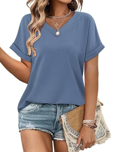 StunShow Womens Short Sleeve Tops V Neck T Shirts Summer Blouses for Women Business Casual Blue XL - Image 1