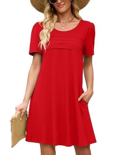 Heymoments Women Short Sleeve Dress Red Medium Crew Neck Casual Flowy Cute Above Knee Sundress Comfy Shirt Teachers Summer Travel 2026 Novelty Dresses with Pockets - Image 1