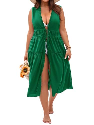 Yousify Womens Plus Size Swimsuit Long Cover Up Chiffon Bikini Coverups Kimono Tie Front Bathing Suit Beachwear Green - Thumbnail 6