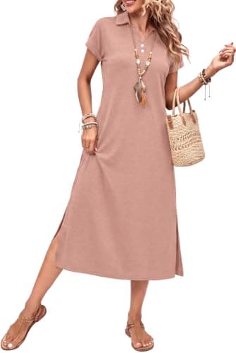 BEXIBOOM Women's Maxi Dress with Sleeves, Summer Casual Cap Sleeve V Neck Collared Shirt Dress with Pockets, Side Slit Long Vacation Beach Dress Red Gray-L