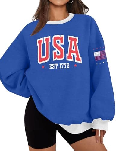 ASTANFY USA 250th Anniversary Sweatshirt Womens Casual Long Sleeve Graphic Shirts American Team Flag CrewNeck Pullover Tops Blue - Image 1