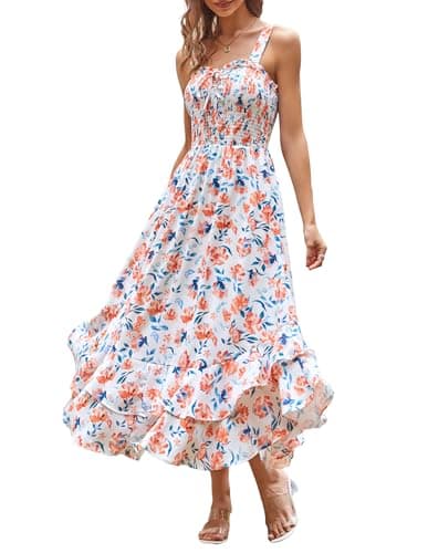 GRACE KARIN Women's 2026 Summer Floral Boho Dress Square Neck Strapped Swing A Line Sundress Beach Long Maxi Outfits Orange Floral 2XL - Image 1