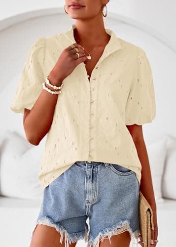 Lazysmile Summer Boho Tops for Women Short Sleeve V Neck Button Down Hollow Out Lace Embroidered Blouses Shirts Apricot - Thumbnail 4