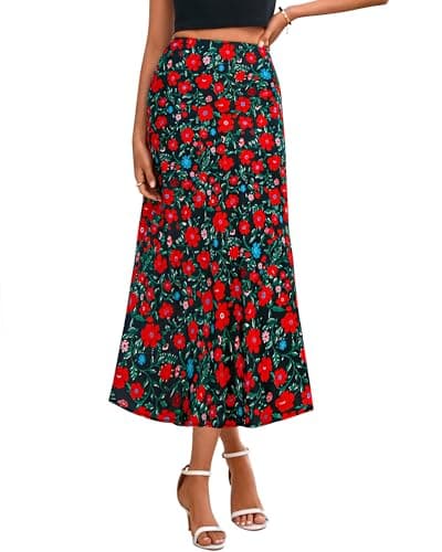BTFBM Satin Skirts for Women Trendy Summer 2025 High Waisted A-Line Leopard Print Cocktail Wedding Long Silk Midi Skirt(Floral Black Red, Large) - Image 1