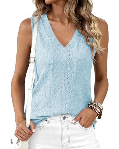 BTFBM Womens Tank Tops 2026 Summer Eyelet Crossed V Neck Sleeveless Casual Loose Flit Basic Spring Top Vacation Outfits(Light Blue, X-Large) - Thumbnail 4