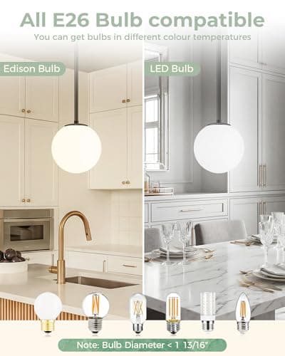 Majade Globe Pendant Lights Kitchen Island Mid Century Modern Pendant Light Fixtures 7.4 Inch Black Ceiling Lighting with Milk White Glass Shade Adjustable Hanging Light for Dining Room Living Room - Thumbnail 6
