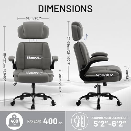 AreShark Ergonomic Office Chair with Lumbar Support, 400lbs Heavy Duty Big and Tall Executive Desk Chair, PU Leather High Back Computer Chair with Flip-Up Arms & Adjustable Headrest, Gray - Thumbnail 2