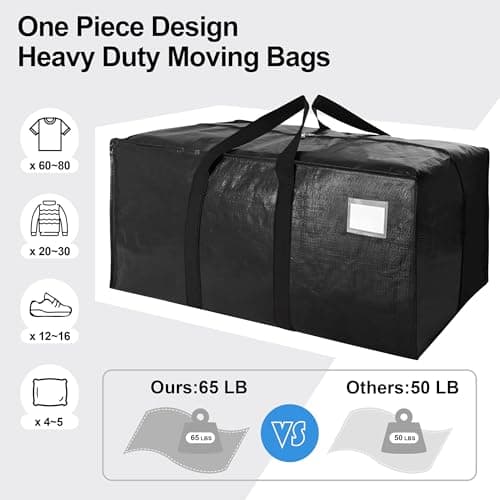 VELVETSURE Heavy Duty Extra Large Moving Bags W/Backpack Straps - Strong Handles & Zippers, Storage Totes For Space Saving, Fold Flat, Alternative to Moving Box and Storage Bin (Set of 6, Black) - Thumbnail 5