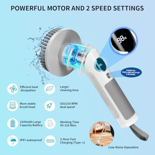 Electric Spin Scrubber, Cordless 20W High-Torque Cleaning Brush Bathroom Scrubber, IPX7 Waterproof Electric Scrubber with 6 Brush Heads, Extendable Long Handle Power Scrubber for Bathtub Floor - Thumbnail 2