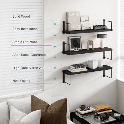 EALLRINEC Floating Shelves, 24 Inches Easy to Install Wall Mounted Shelves, Set of 3, Rustic Wood Shelves for Wall Decor, Storage Shelves for Living Room (Black) - Thumbnail 4