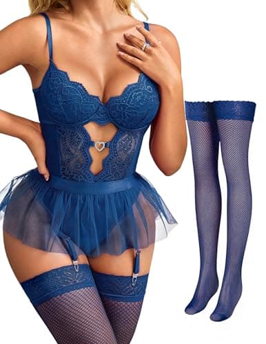Tidouk Women's Exotic Lingerie Sets Sexy Lace Bodysuit Garter Lingerie Set with Babydoll Mini Skirt(Navy Blue,Large) - Image 1
