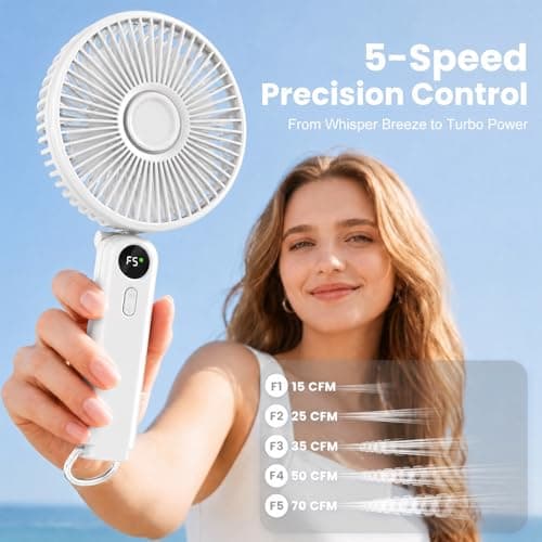 Portable Handheld Fan, 10000mAh Rechargeable Personal Fan for 40H, 6-Inch Ultra Quiet Foldable Hand Fan, 5-Speed Gentle Airflow Battery Operated Fans for Travel Outdoor Lash Makeup Gifts for Women - Thumbnail 2