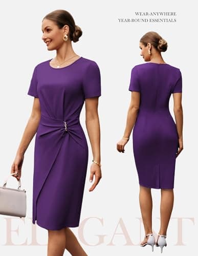 GRACE KARIN Women's 2026 Summer Short Sleeve Work Dress Elegant Business Pencil Dress Crew Neck Formal Outfits Purple XL - Thumbnail 3