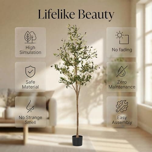 PUFFORO Artificial Olive Tree, 6FT Faux Olive Trees with Lifelike Olive Branches and Fruits, Fake Floor Plants with Pot for Indoor Home Office Living Room Outdoor Decor - Thumbnail 2