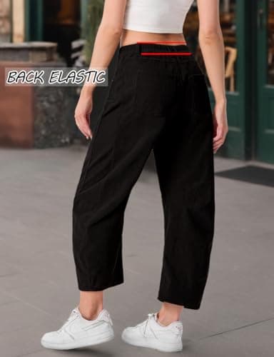 IWOLLENCE Women's Corduroy Barrel Pants Mid-Rise Elastic Waist Casual Cord Wide Legs Baggy Pant with Pockets Trendy Fall Black, L - Thumbnail 4