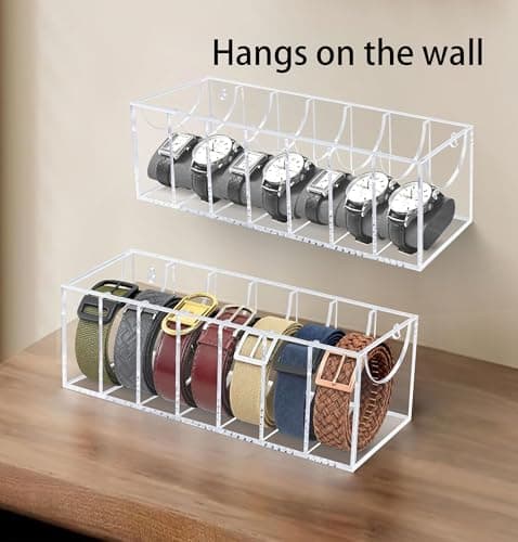 Oubou Belt Organizer, Acrylic Belt Storage Organizer for Closet with Dust Cover and Drawer,7 Compartments Transparent Display Case for Belts Best Gift for Men And Husband - Thumbnail 3
