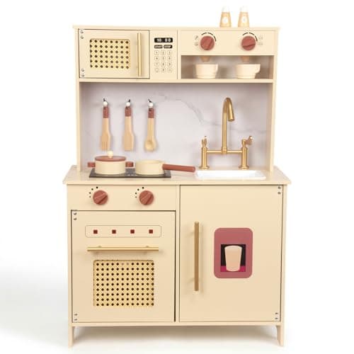 Wooden Kitchen Playsets for Kids, Pretend Play Kitchen with Realistic Clicking Sounds, Gold Faucet, Coffee Maker & Cooking Accessories, Set for Toddlers Boys Girls Age 3+ - Image 1
