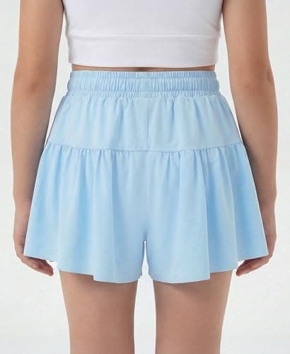 Stelle Girls Athletic Shorts Flowy 2 in 1 Butterfly Short Running Soccer Tennis Sports Shorts with Pocket,Light Blue,12-13 Years - Thumbnail 2