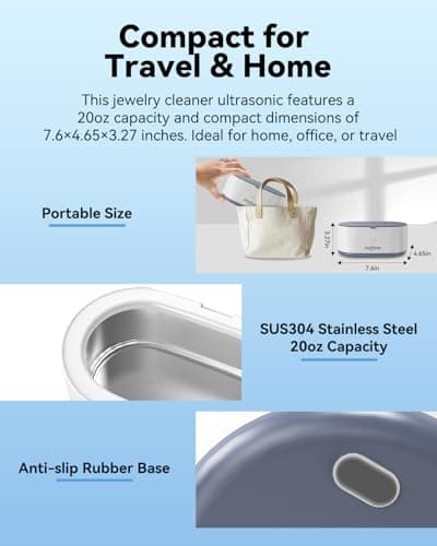 JeaTone Ultrasonic Jewelry Cleaner, 46KHz Professional Ultrasonic Cleaning Machine for Rings, Eyeglasses, Retainers, Dentures & Watches, 20oz Stainless Steel Sonic Jewelry Cleaner Pod - Thumbnail 5