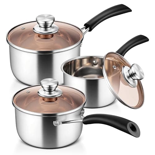 LIANYU 1QT & 2QT & 3QT Saucepan Set with Lids, 18/10 Stainless Steel Sauce Pan Cookware Sets, Kitchen Cooking Small Pots with Long Heatproof Handle, Easy Clean & Dishwasher Safe