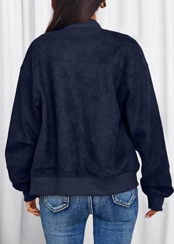 Lazysmile Women's Faux Suede Bomber Jackets Fall Fashion Outfits Winter Clothes Stand Collar Zip Up Coats Outwear with Pockets - Thumbnail 2