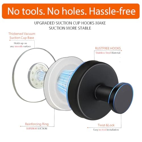 Suction Cup Hooks for Shower，Removable Towel Hooks for Bathroom Wall Window Glass Door Mirror，No Drill Stainless Steel Towel Holder Bath Robe Wreath Looafh Hooks for Hanging - Thumbnail 2