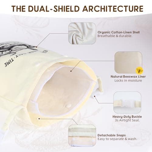 BubFroo 2 Pack Double-Layer Beeswax Sourdough Bread Bags, Reusable Organic Cotton Bread Bag with Detachable Beeswax Liner & Roll-top Buckle, Keeps Homemade Loaves Fresh Longer, XL Capacity - Thumbnail 2