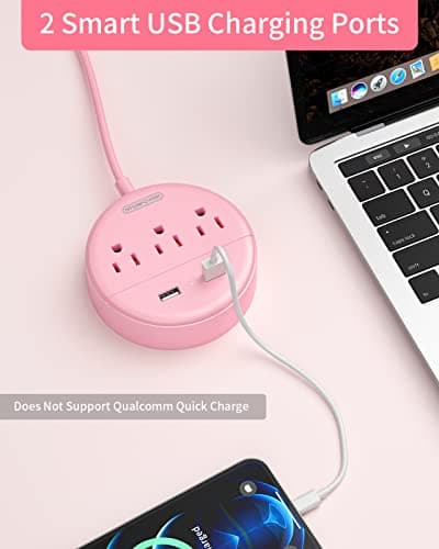 Pink Extension Cord 15ft, NTONPOWER Flat Plug Power Strip with Long Extension Cord, 3 Outlet 2 USB Desktop Charging Station Wall Mount for Home, Dorm Room, Office and Nightstand, ETL Listed - Thumbnail 4