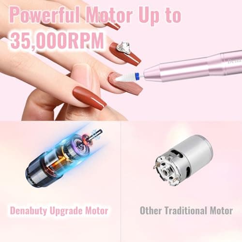 Denabuty Electric Nail Drill Cordless, 35000RPM Portable Electric Nail File with LCD Display and 12 Nail Drill Bits for Acrylic & Gel Nails, Professional Manicure & Pedicure Kit Set Pink - Thumbnail 4