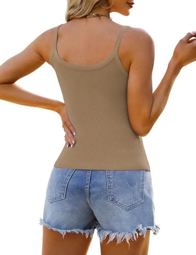 GKBK Scoop Neck Tank Tops for Women Spaghetti Strap Ribbed Women's Tank Top 2026 Summer Cute Shirts Trendy Khaki M - Thumbnail 6