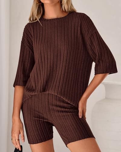 KIRUNDO Short Sets For Women Summer 2 Piece Matching Lounge Sets Casual Rib Knit Tshirts Biker Shorts Beach Vacation Outfits (Brown, X-Large) - Thumbnail 4