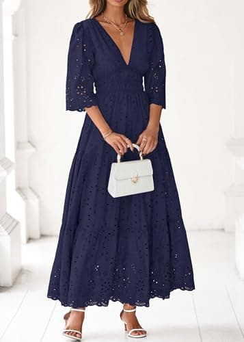 Lazysmile Long Sleeve Dresses for Women V Neck Hollow Out Eyelet Ruffle Swing A-Line Fall Vacation Boho Maxi Dress Navy - Thumbnail 3