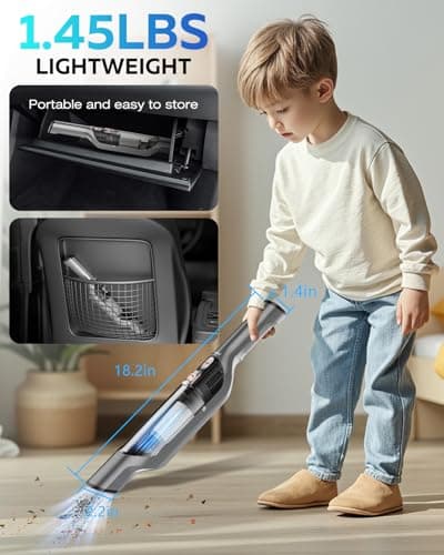 Zefiro Compact Powerful Cordless Handheld Vacuum, Rechargeable Portable Car Vacuum for Car & Pet Hair, 25000PA High Power Suction, XL Dust Cup, 2 Brushes & Filters, Long Runtime with Charger - Thumbnail 4