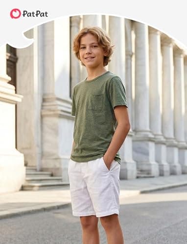 PATPAT Boys Short Sleeve Shirts Size 15-16 Years Army Green Summer Crewneck T Shirt with Chest Pocket Casual Basic Tops Tees for Teen Boy - Thumbnail 3