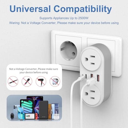 European Travel Plug Adapter for Europe & UK, PD 20W Fast Charger with 2 Outlets 3 USB Charging Ports, CHUAFIUR US to Europe Plug Adapter to UK EU Ireland Italy Israel Spain France Travel Essentials - Thumbnail 6