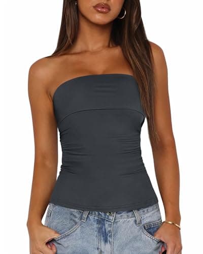 BTFBM Womens Strapless Tube Tops Spring Summer Clothes 2026 Trendy Casual Ruched Stretchy Going Out Bodycon Bandeau Top(Dark Grey, Small) - Image 1