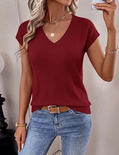 LaGracia Short Sleeve Sweater for Women V Neck Wool Blend Cashmere Cropped Sweaters Business Casual Cap Sleeve Sweater Tops Summer Trendy Outfits Dark Red S - Thumbnail 2