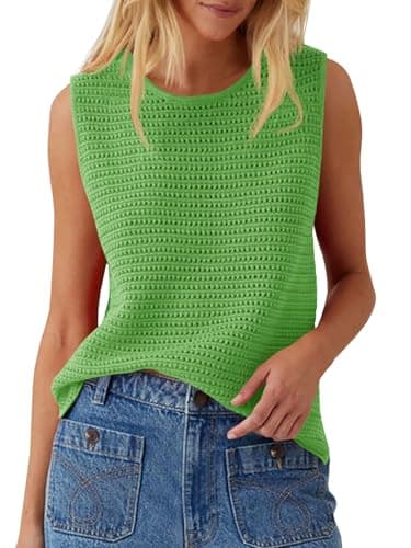 Saodimallsu Womens Crochet Tank Tops Summer Sleeveless Crew Neck Basic Mesh Knit Loose Pullover Sweater Vest Green - Image 1