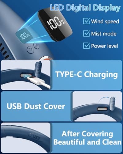 QMKKX Neck Fan with Mist Spray,Bladeless Folding Neck Fans that Blow Cold Air,Portable Necklace Fan Rechargeable Battery Operated Quiet Cooling Device,Wearable Hands Free Fans for Women Men Kids Blue - Thumbnail 5
