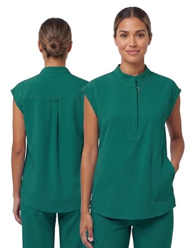 VECARDI Women's Scrub Top Zip Front Stretch Short Sleeve Nurse Uniform Shirt with Pockets Badge Loop Hunter Green - Thumbnail 2