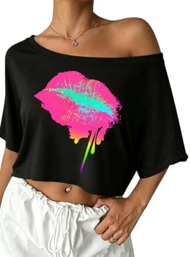 80s Outfit for Women 90's Theme Party Shirt Sexy Off The Shoulder 90S Tshirts 80s Disco Off Shoulder Crop Tops - Image 1