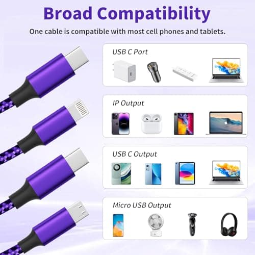 USB C Multi Charging Cable, (2 Pack 4FT), 3 in 1 Charging Cable Nylon Braided Universal Charger Cable with Type-C, Micro USB,IP Port for iPhone16/15 Series/Cell Phones & Pads and Other Devices-Purple - Thumbnail 6