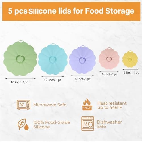 Silicone Lids for Food Storage – Set of 5 Food Grade Covers with 5 Hooks for Pots and Pans Cooking, Reusable Kitchen Heat-Resistant Tops for Containers, Microwave Splatter Cover(Colorful) - Thumbnail 4