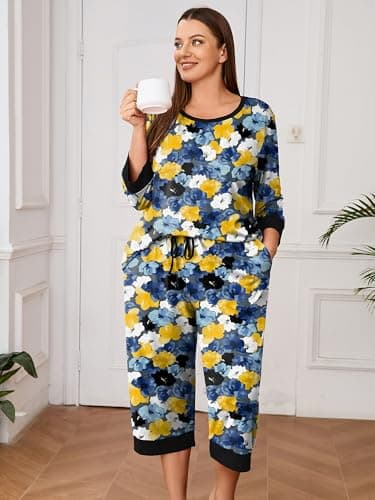 AusLook Women’s Plus Size Pajama Sets Floral 3/4 Sleeve Nightwear Top and Capri Pants 2 Piece Lounge Set with Pockets - Thumbnail 3