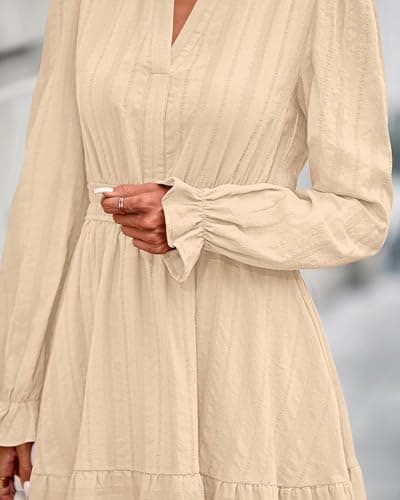 BTFBM Mini Dresses for Women 2026 Casual Lightweight Long Sleeve V Neck A Line Elastic Waist Party Holiday Dress(Apricot, X-Large) - Thumbnail 6