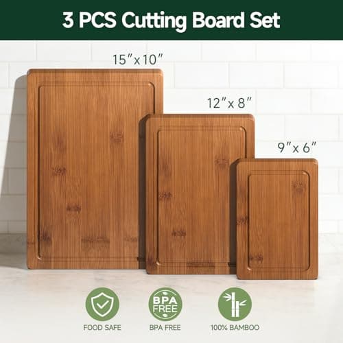 Zeawec 3-Piece Set Bamboo Cutting Board for Kitchen - Crack-Resistant Wood Chopping Boards with Deep Juice Grooves, Pre-Oiled Butcher Block for Meat, Vegetables & Cheese, Carbonized - Thumbnail 2